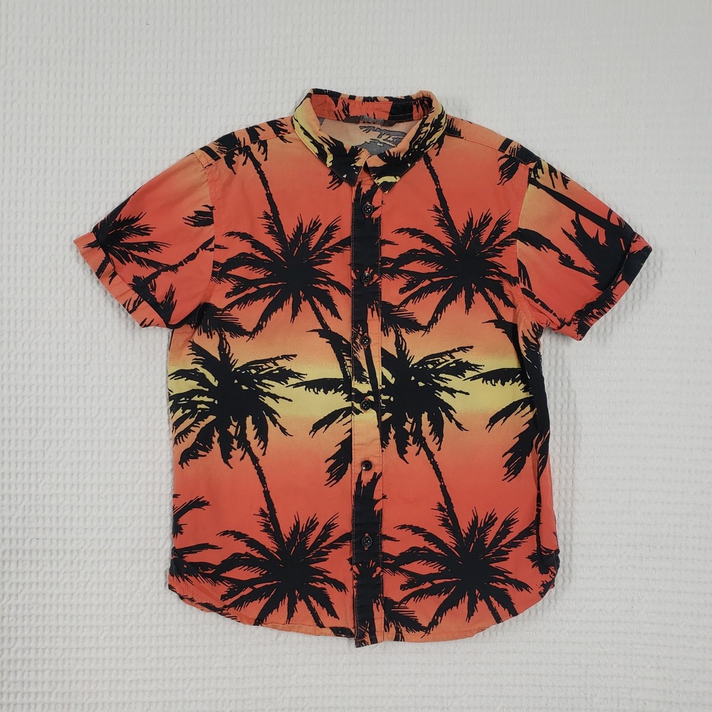 Primark Button Down Shirt Boys 7/8 Orange Palm Tree Tropical Beachy Summer